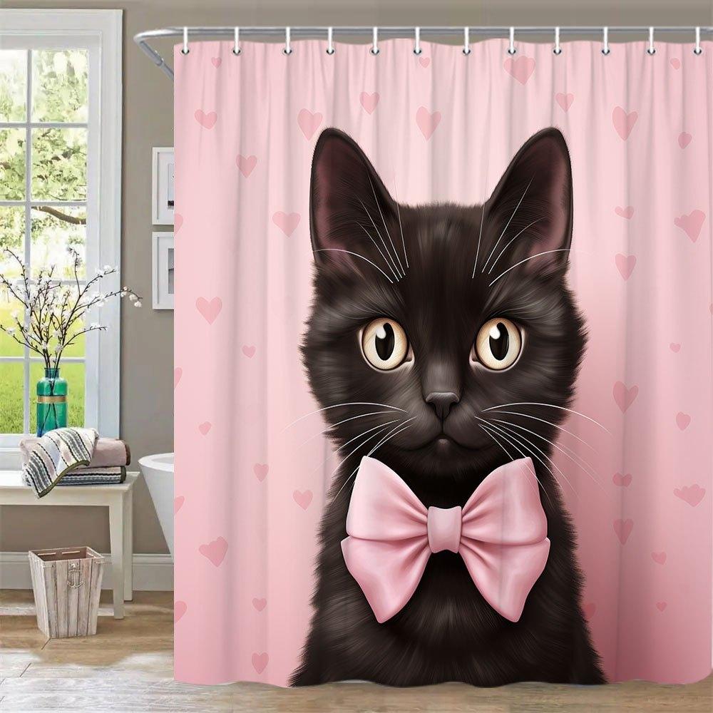 

1pc Adorable Bowtie Cat Bath Curtain - Large Polyester Fabric with Pink Heart & Bow Design, 70. 86 x 70. 86 Inches, Machine Wash 90x180cm