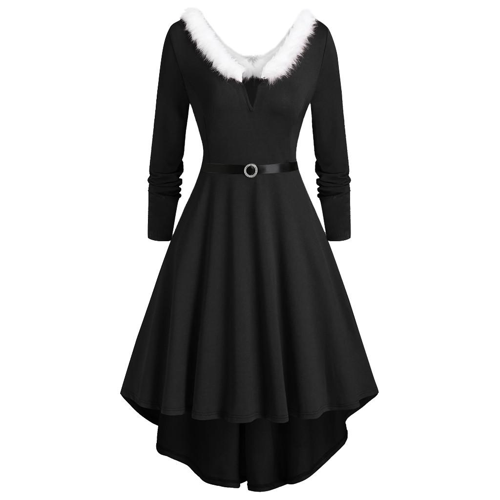 Plus Size Women Christmas Patchwork Faux  Panel Long Sleeve Asymmetric Dress