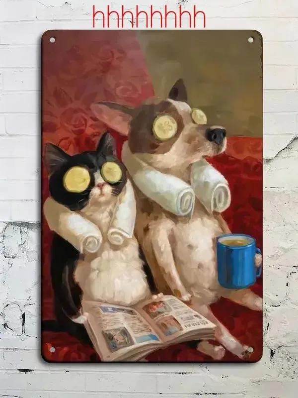 Vintage Tabby Cat Wall Art Aluminum Metal Painting Lollipop Knife Decor 20x30cm