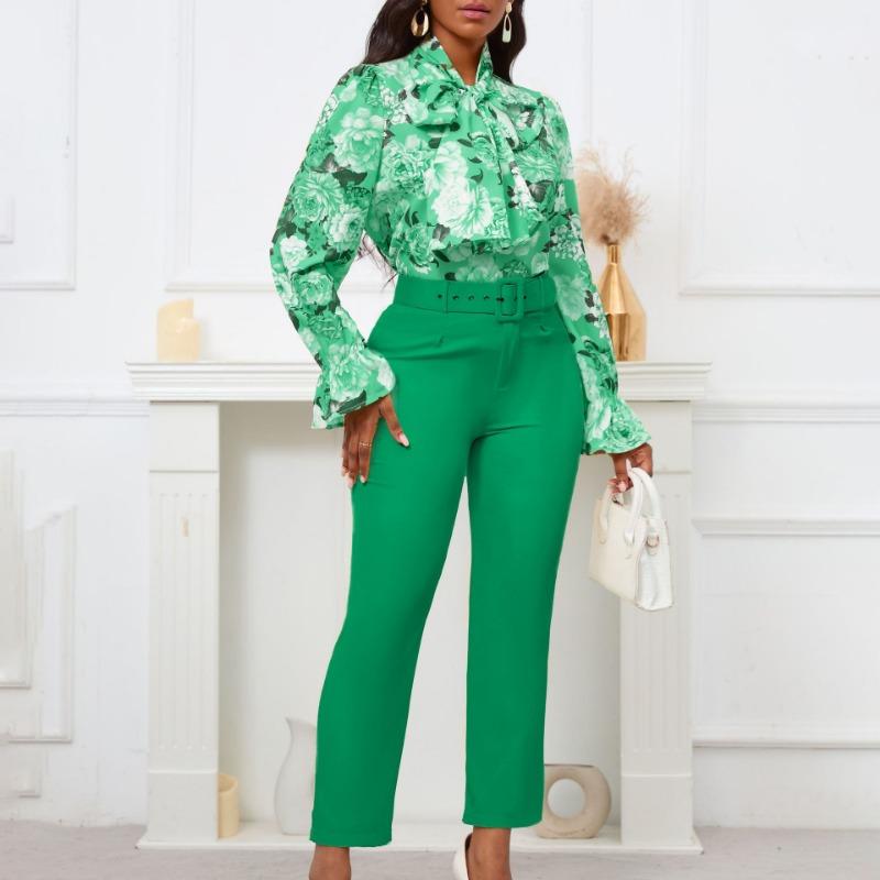 

New Fashion Printed Strap Long Sleeve Top High Waist Trousers Casual Pants Set XXL