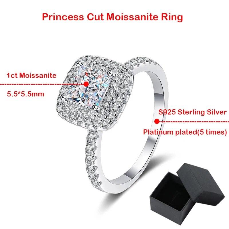 5.5mm 1ct Princess Cut Moissanite Diamond Rings for Women Square Luxury Jewelry S925 Sterling Silver White Gold Band GRA
