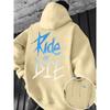 Graffiti Print RIDE OR DIE' Street Style 100% Polyester Fiber Kangaroo Pocket Adjustable Drawstring Black Blue and White