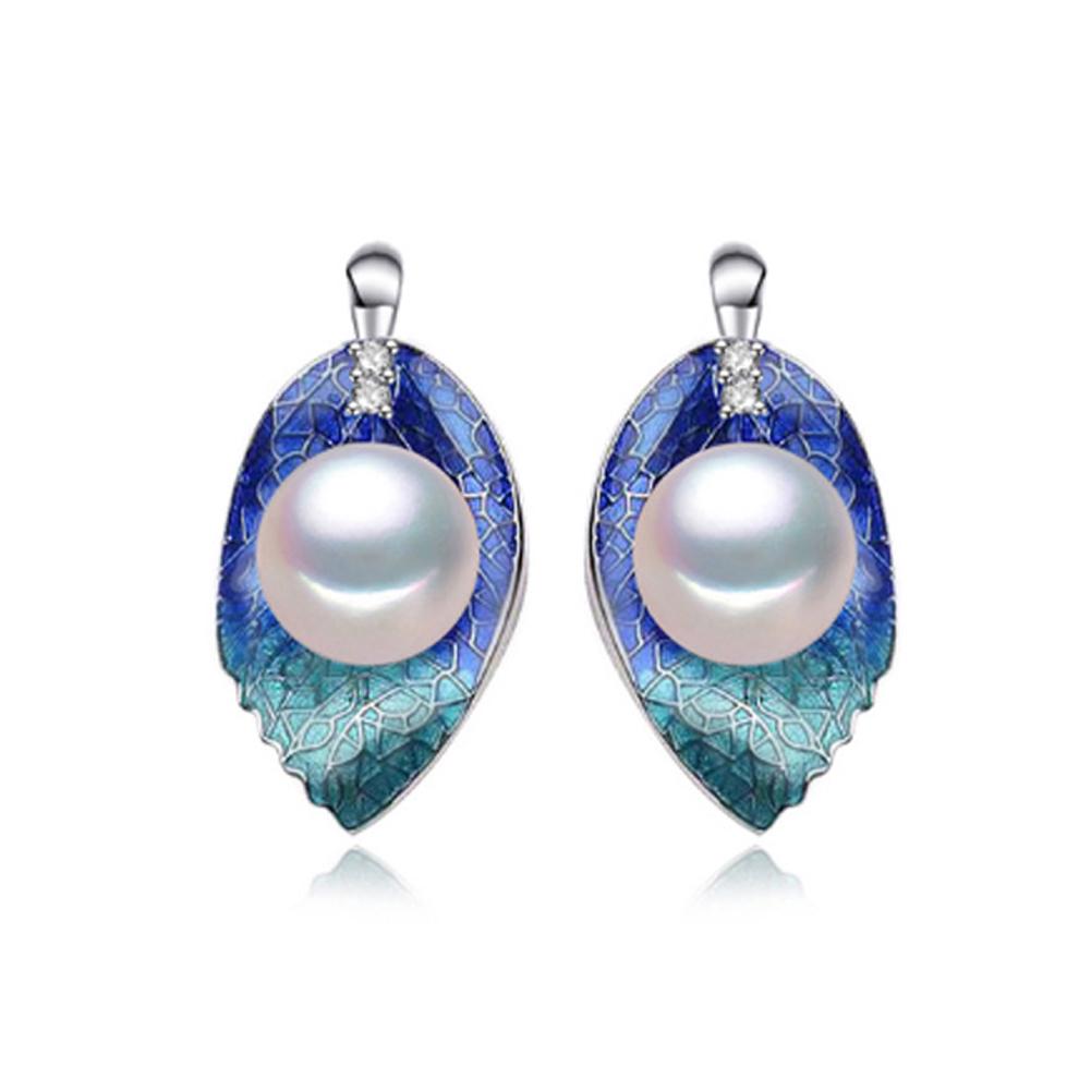 

LSOOYH Cloisonne 6-7 мм натуральный пресноводный жемчуг серьги модные серьги-гвоздики в виде листьев для женщин подарок на день рождения белый