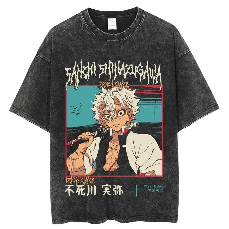 Anime Demon Slayer Rengoku Kyoujurou Printed T Shirt Men Women Manga Tshirts Vintage Washed T-Shirt Harajuku Manga Cotton Tops