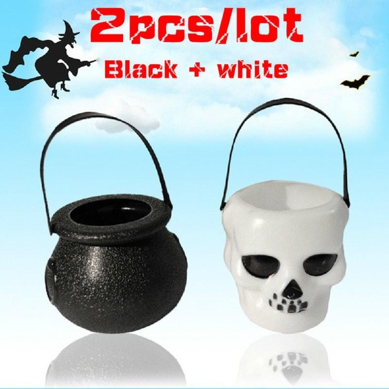 

2 шт./лот черная + белая пластиковая банка для конфет Череп Ведьма Котел для конфет Чайник для вечеринки на Хэллоуин Подвесной Pro