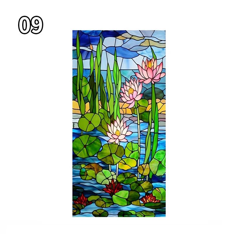Art Rose Lotus Glass Film Church Stained Window Films Static Vintage Cling Waterproof Sun-proof Frosted Privacy Glass Stickers