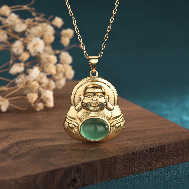 Gilded Maitreya Buddha Necklace with Jade Pendant for Men and Women - Ethnic Style Agate Clavicle Chain