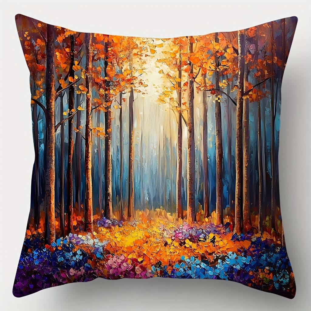 Artistic Autumn Forest PillowcaseLiving Room Sofa Cushion Cover, Soft and Comfortable, Bedroom Room Decoration