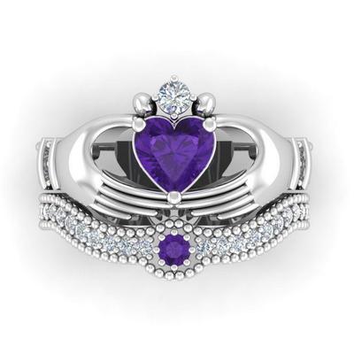 2PC Claddagh Ring with Heart Shape Cubic Zircon Irish Classic Engagement Wedding Rings for Women Lots Bulk