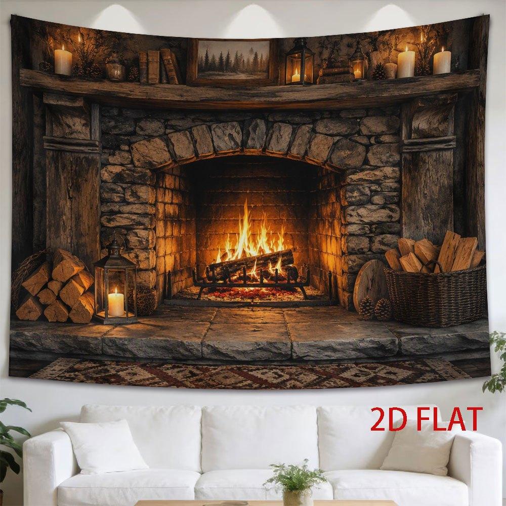 2D Flat - 2D Flat - 1pc 2D Flat Tapestry Cozy Fireplace with Dancing Flames Warmly Illuminating a Rustic Wooden Cabin Interior at Night