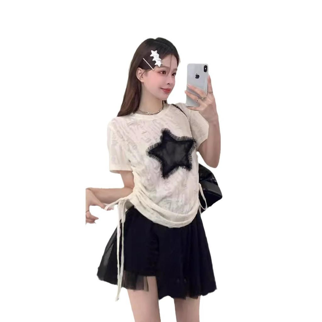 Star short-sleeved T-shirt women's summer American hottie design sense niche loose and thin straps drawstring front shoulder top