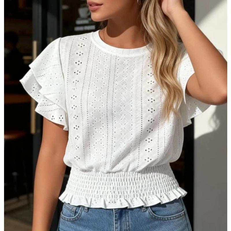 Women Round Neck Eyelet Embroidery Ruffle Sleeve Smocked Waist Casual Blouse Tops S