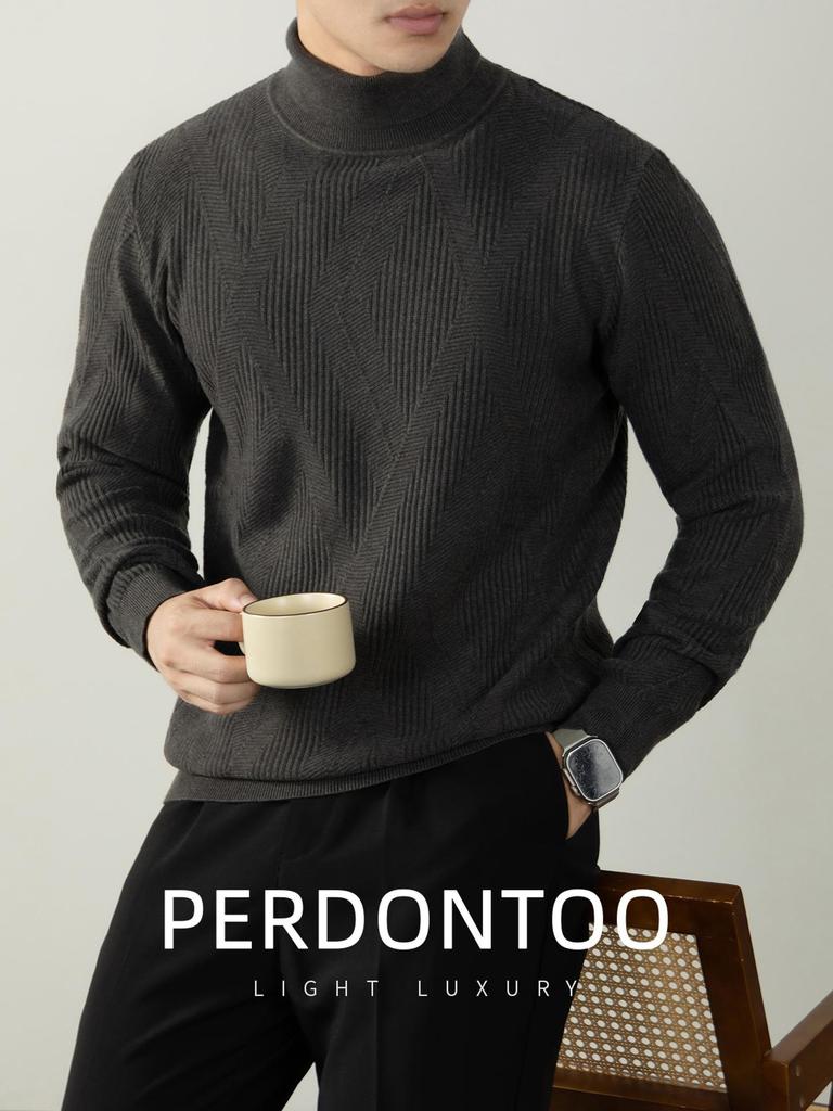 Men's Lazy Style High Neck Sweater - Lyocell Wool Blend Jacquard, Autumn Winter Warm Knitwear