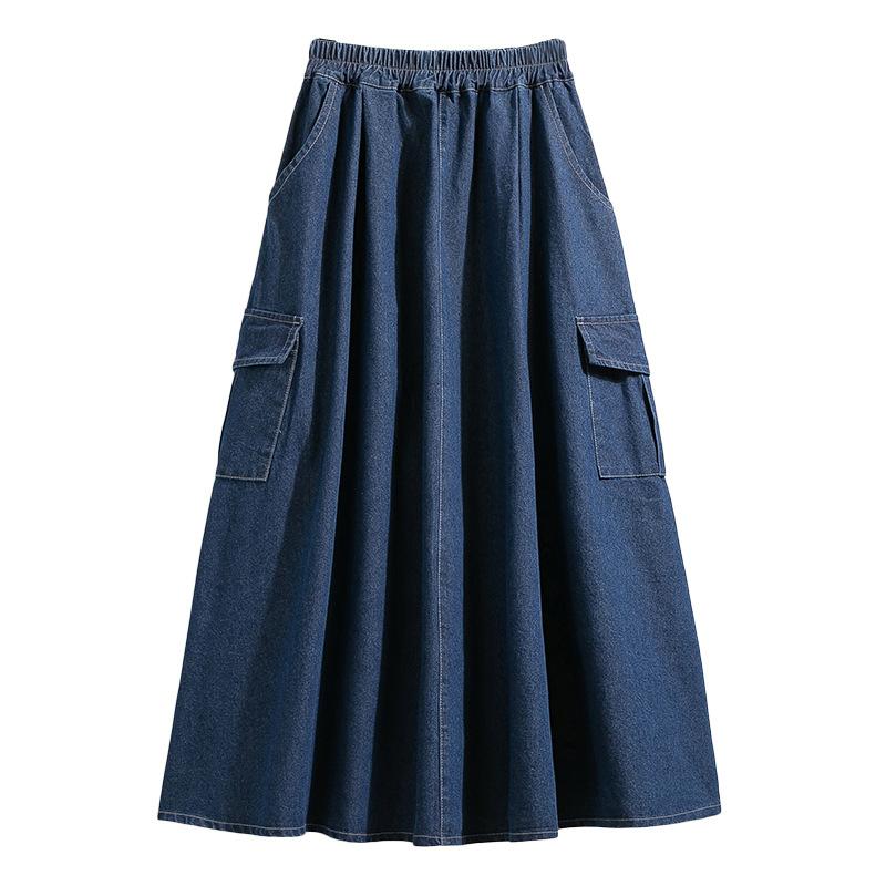 Plus Size Spring Denim Skirts Women Clothing Blue Pockets Fashion A-Line Jeans Skirt High Waist