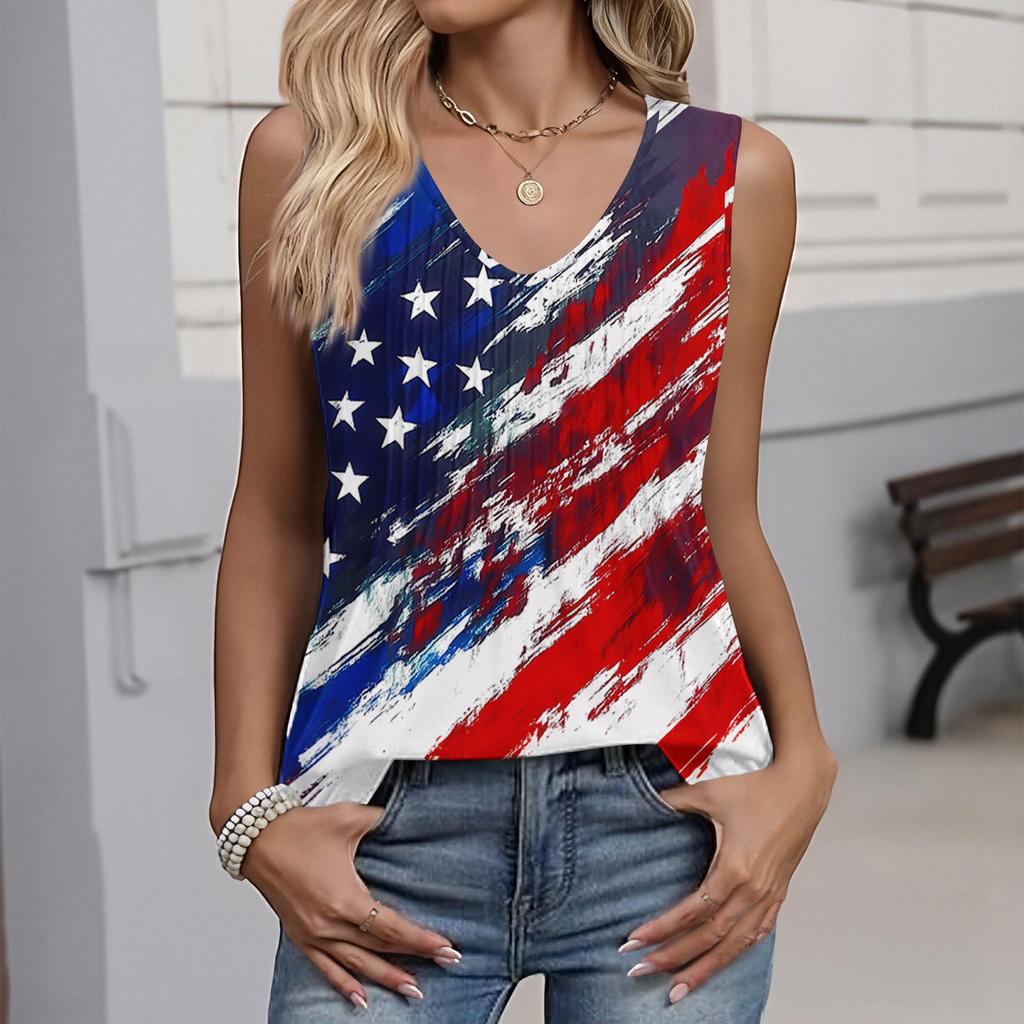 Women's Fashion Casual American Independence Day Flag and Stars Print V-neck Ruffled Sleeveless Vest T-shirt Top