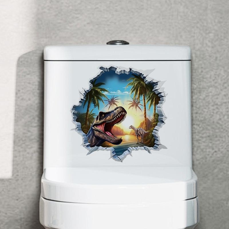 3D Dinosaurier Wandsticker für Kinderzimmer Kindergarten Schlafzimmer Wanddeko Wasserdichte Vinyl Toilettenaufkleber für Mülleimer Kreative Abziehbilder