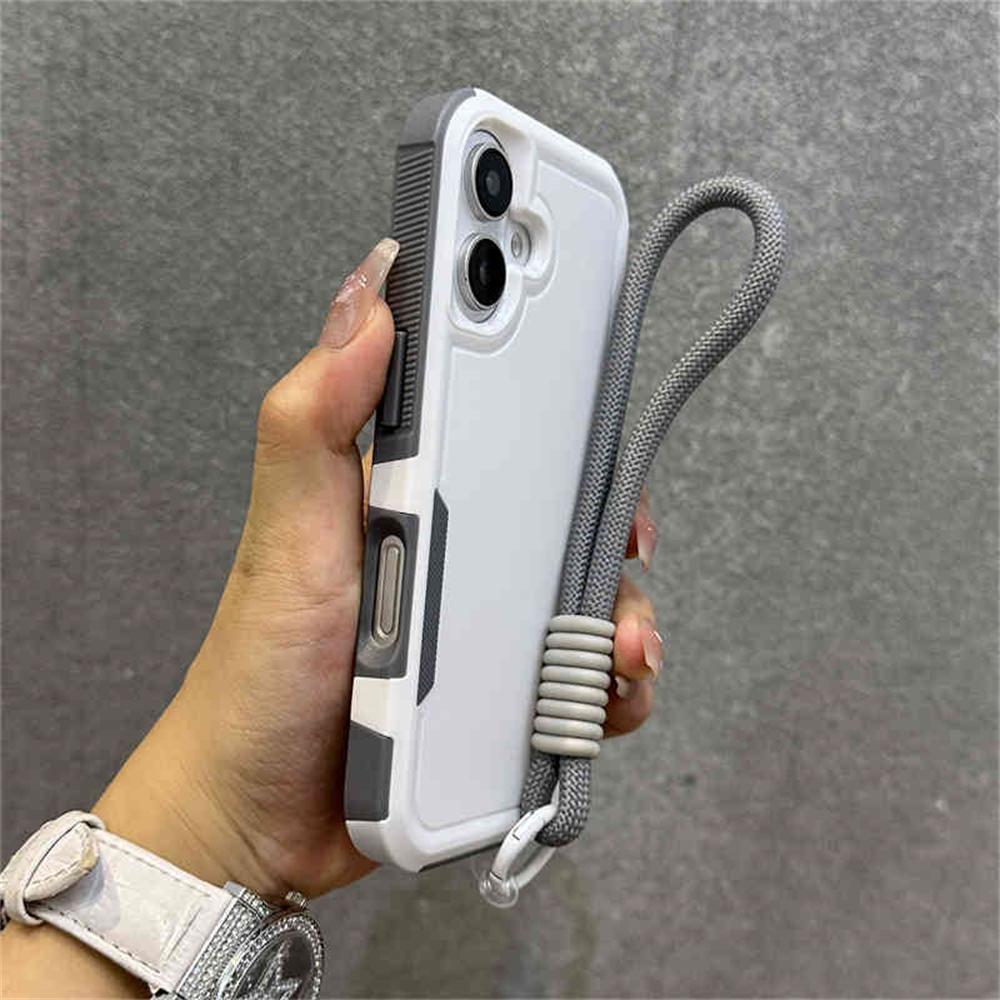 

Роскошный гибридный бампер, защитный браслет, ремешок на запястье, чехол для телефона для iPhone 16 11 12 13 14 15 Pro Max XS X XR, противоударный чехол For iPhone 14 Plus&Case & Strap белый