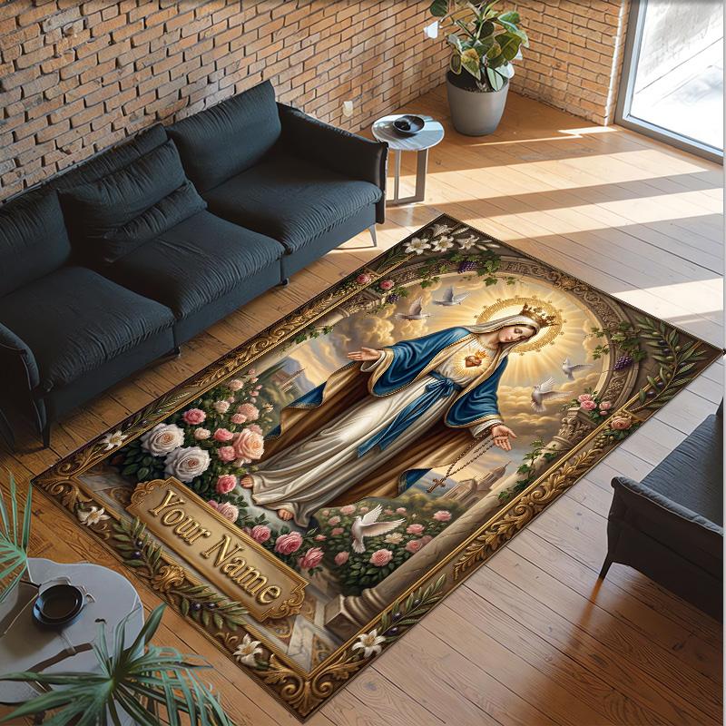 Virgin Mary Theme Crystal Velvet Rug Personalized Custom Name Text Soft Floor Mat Home Decor