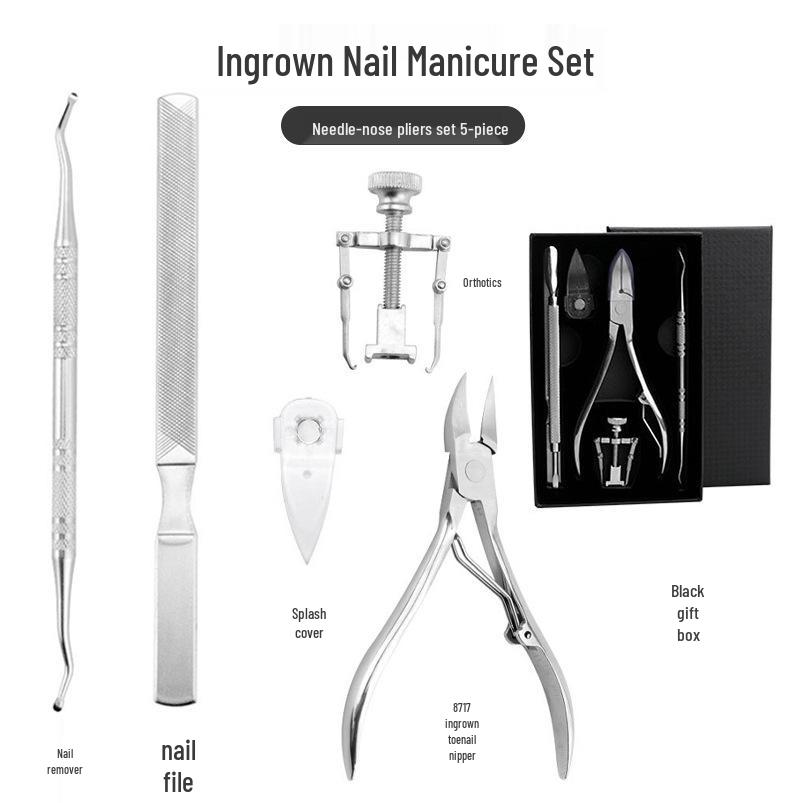 Stainless Steel Nail Care Set: Clipper, File, Cuticle Nipper, Ingrown Corrector, Pliers, Knife