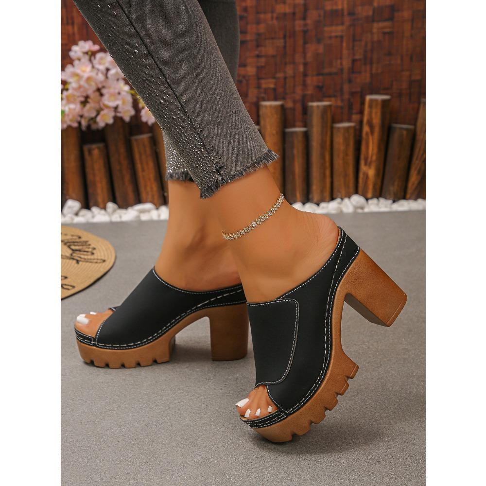 Plus Size Women Summer One Strap Thick Platform Chunky Heel Fish Mouth Slide Sandals Open Toe Height Increasing Beach Outdoor Shoes
