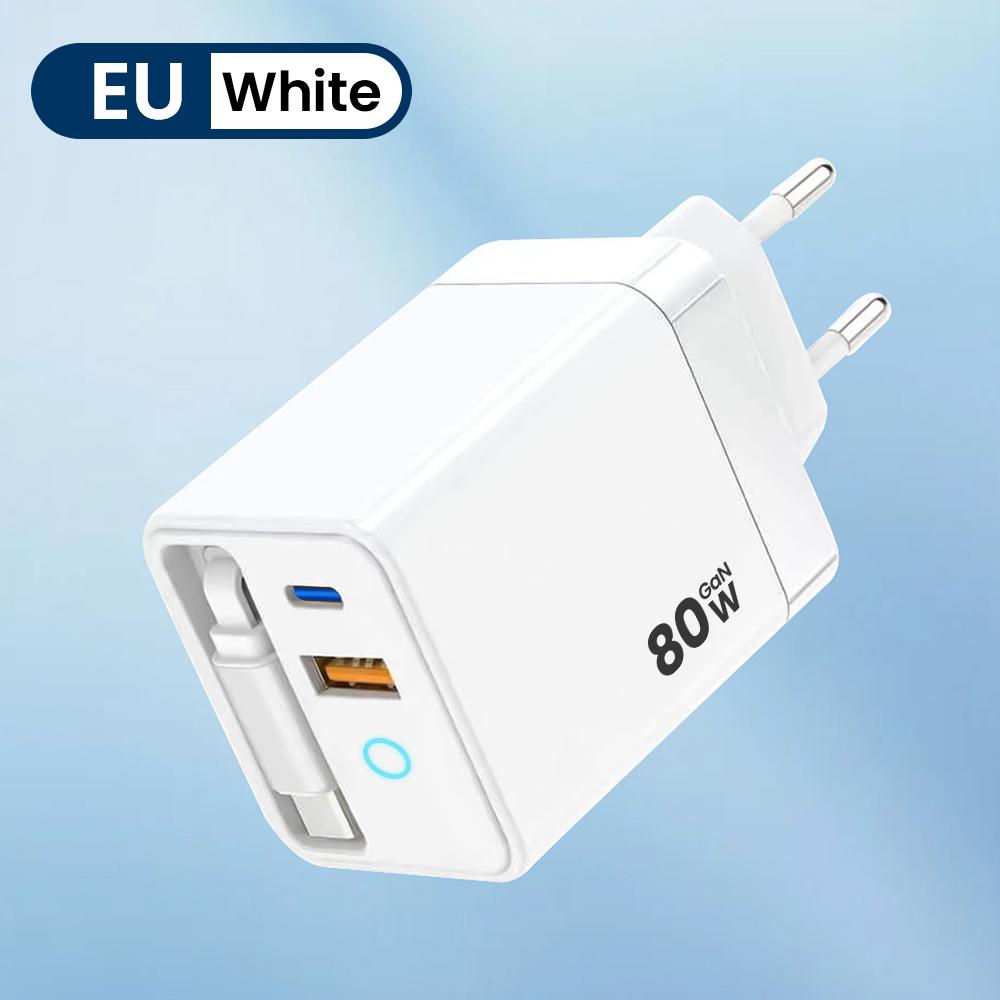 80W USB Type C super fast charger with LED indicator, equipped with a retractable cable, supports PD fast charging, suitable fo