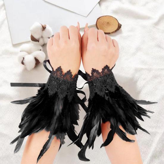 1 Pair Gothic Feather Wrist Cuff Gloves Feather Lace-Up Ribbons Halloween Party