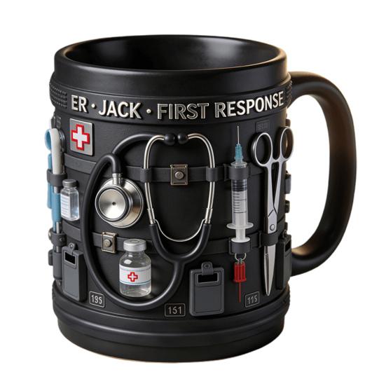 Personalisierte Tasse mit medizinischem Thema ER Jack Ersthelfer 3D Medizinische Werkzeuge Tasse Schwarze Keramik Kaffeetasse für Ärzte Krankenschwestern Praktisches Geschenk Sammlerstück