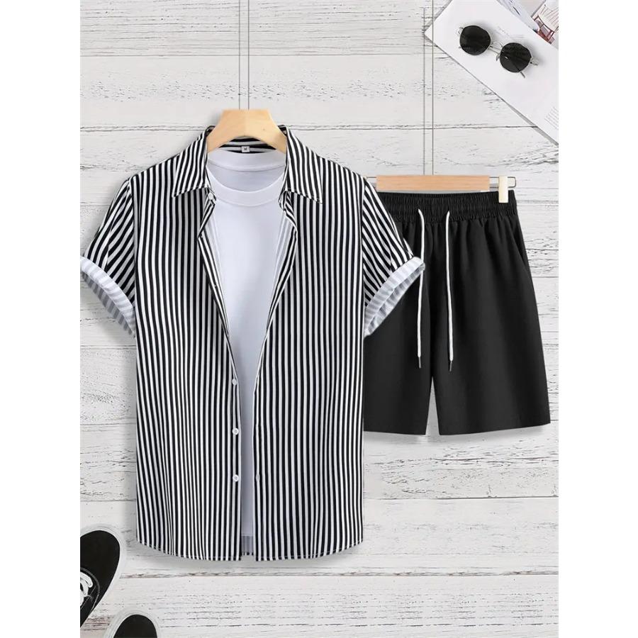 Sommer Herren Freizeit Pendler Set: Herren Zweiteiliges Set: Gestreiftes Bedrucktes Kurzarmhemd und Shorts XL