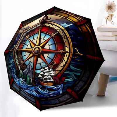 1pc Maritime Compass Automatic Open/Close Umbrella with Folding Feature Compact Travel Umbrella, Lightweight Design, for Commuting094