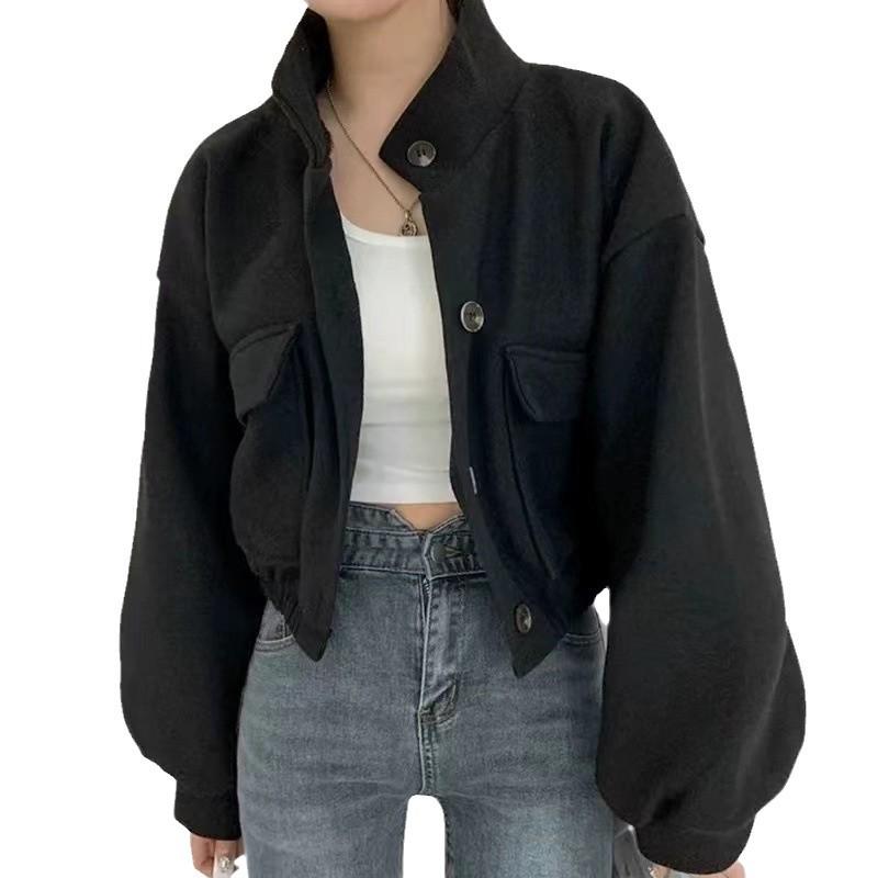 2024 Koreansk Chic Ståkrage Enkelknäppt Ullkappa för Kvinnor - Mångsidig, Lös, Långärmad