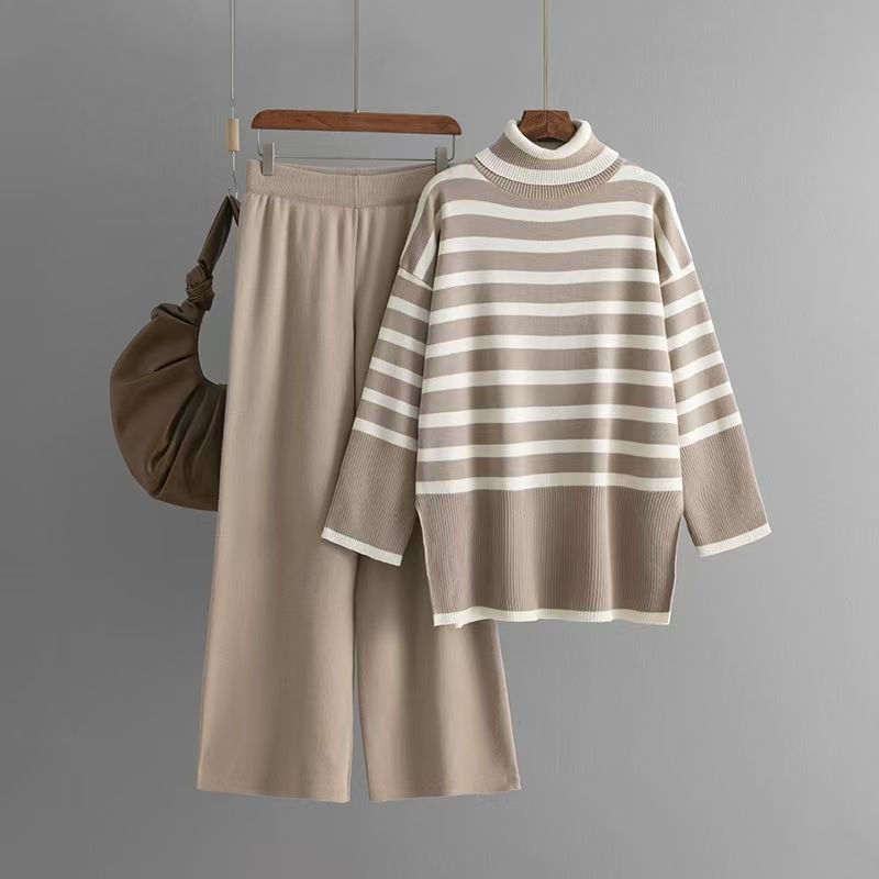 

Western Style Loose Knitted Stripes Sweater Trousers Set Striped Sweater and Pants Set Khaki All yards