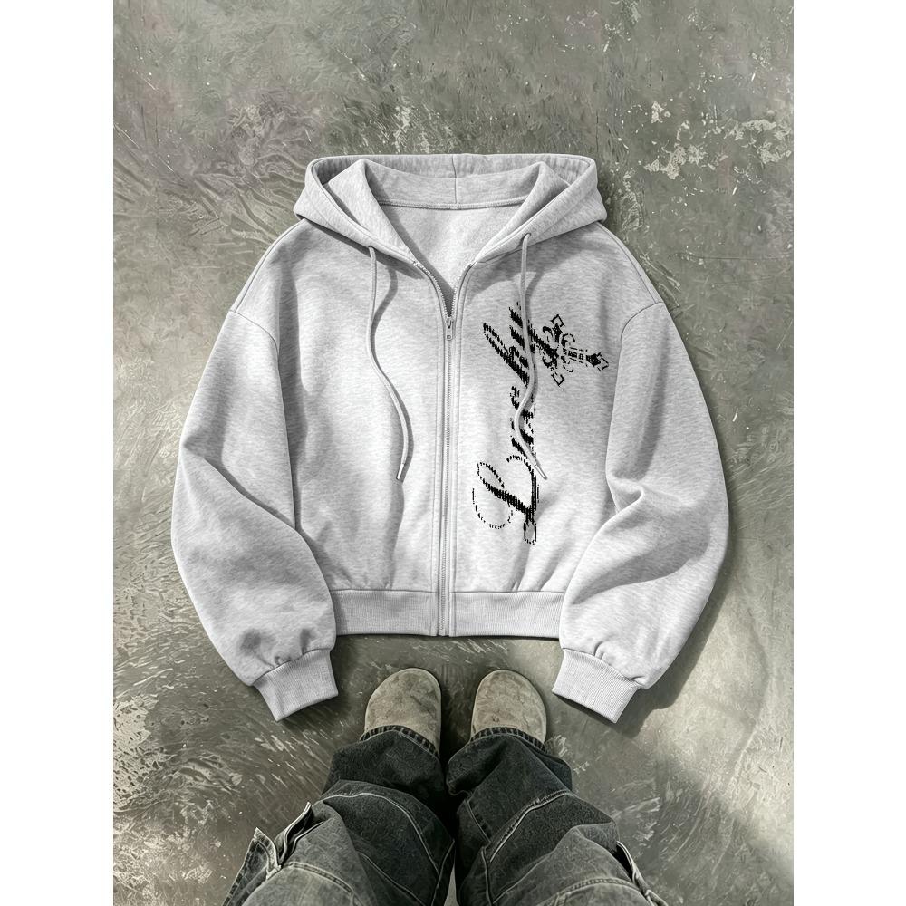 Early Autumn New Short Hooded Sweatshirt, American Retro Letter Cross Print, Sexy Spicy Girl Versatile Loose and Slimming Zipper Jacket