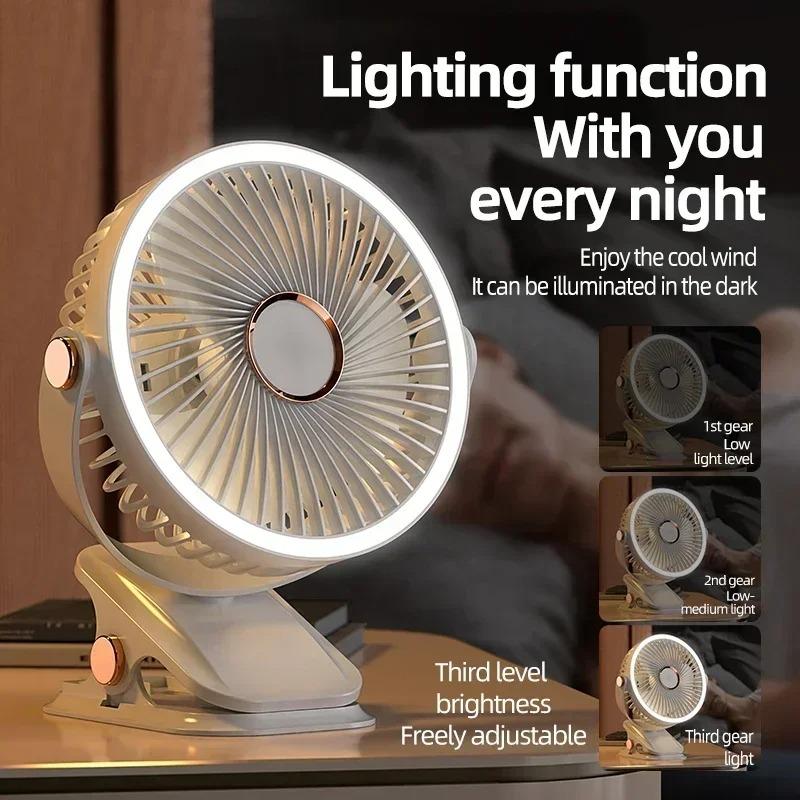 Rechargeable USB Powered Clip Fan with LED Light Portable Wireless Air Circulator for Office Desk Camping Outdoor