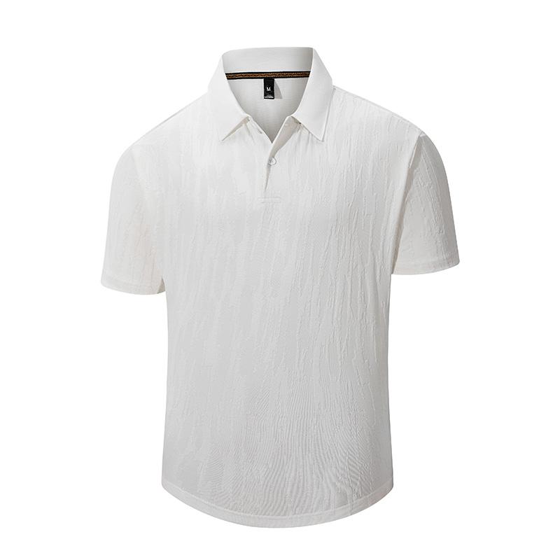 Men s White Vertical Textured Jacquard Lapel Short Sleeve Business Polo Shirt S белый