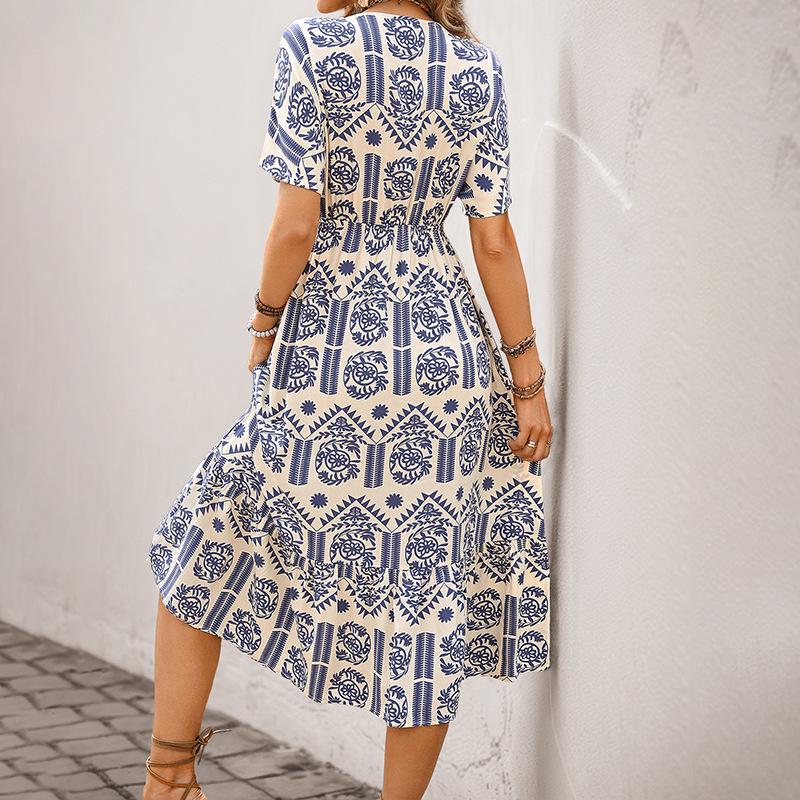 2025 Summer Ethnic Print V-Neck Short Sleeve Dress