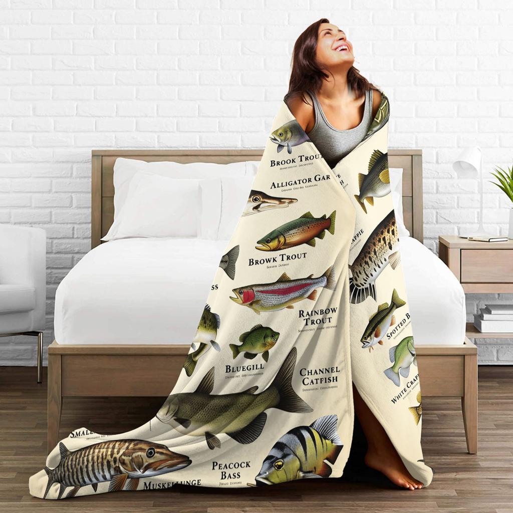 Fishing Cartoon Fish Blanket Quality Super Warm  Throw Blanket Spring Decorative Couch Bed Fluffy Bedspread