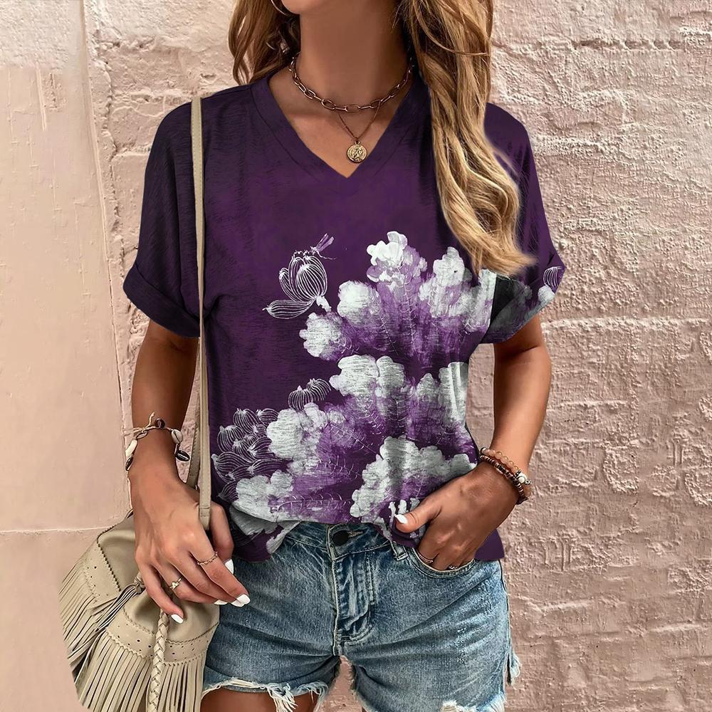 Women's Summer V-neck T-shirt Flower Printed Casual Tops Cubic Sleeve T Shirt Fashion Street Pullover OverSize Women's Clothing