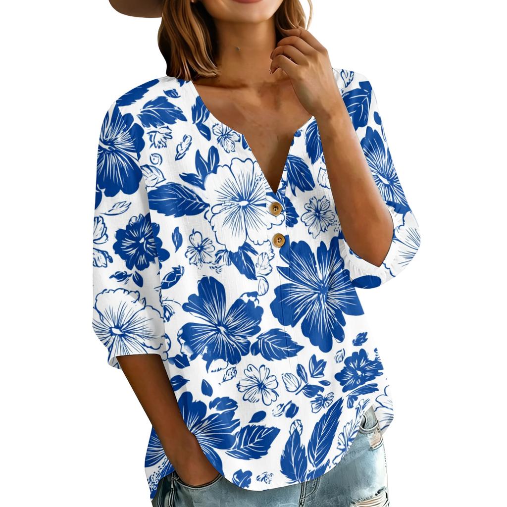 Women’s Casual Floral Print Henley Neck 3/4 Sleeve Cotton Linen Shirt with Button Front Loose Fit Blouse for Spring Summer Wear