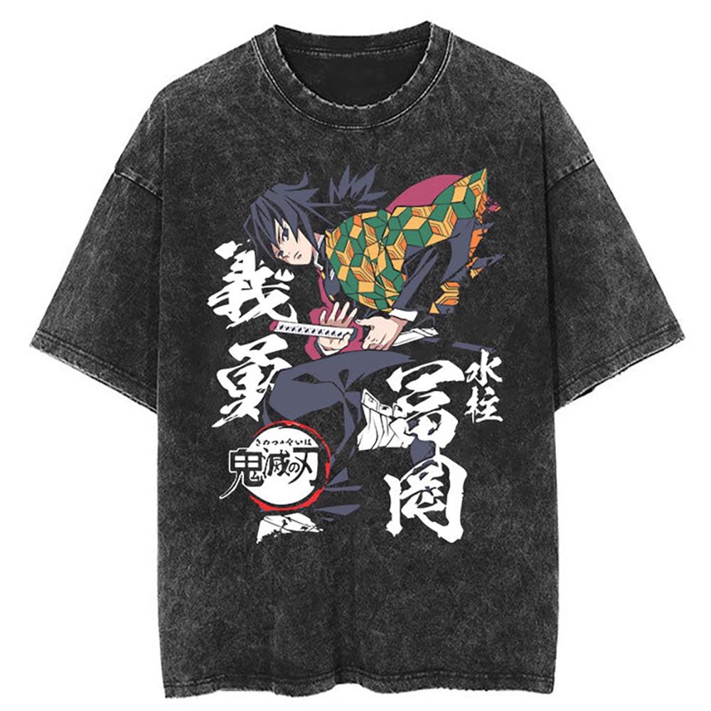 Anime Demon Slayer Rengoku Kyoujurou Print T Shirt Men Women Washed Cotton Tshirts Manga Tee Harajuku Male Casual Loose T-shirt