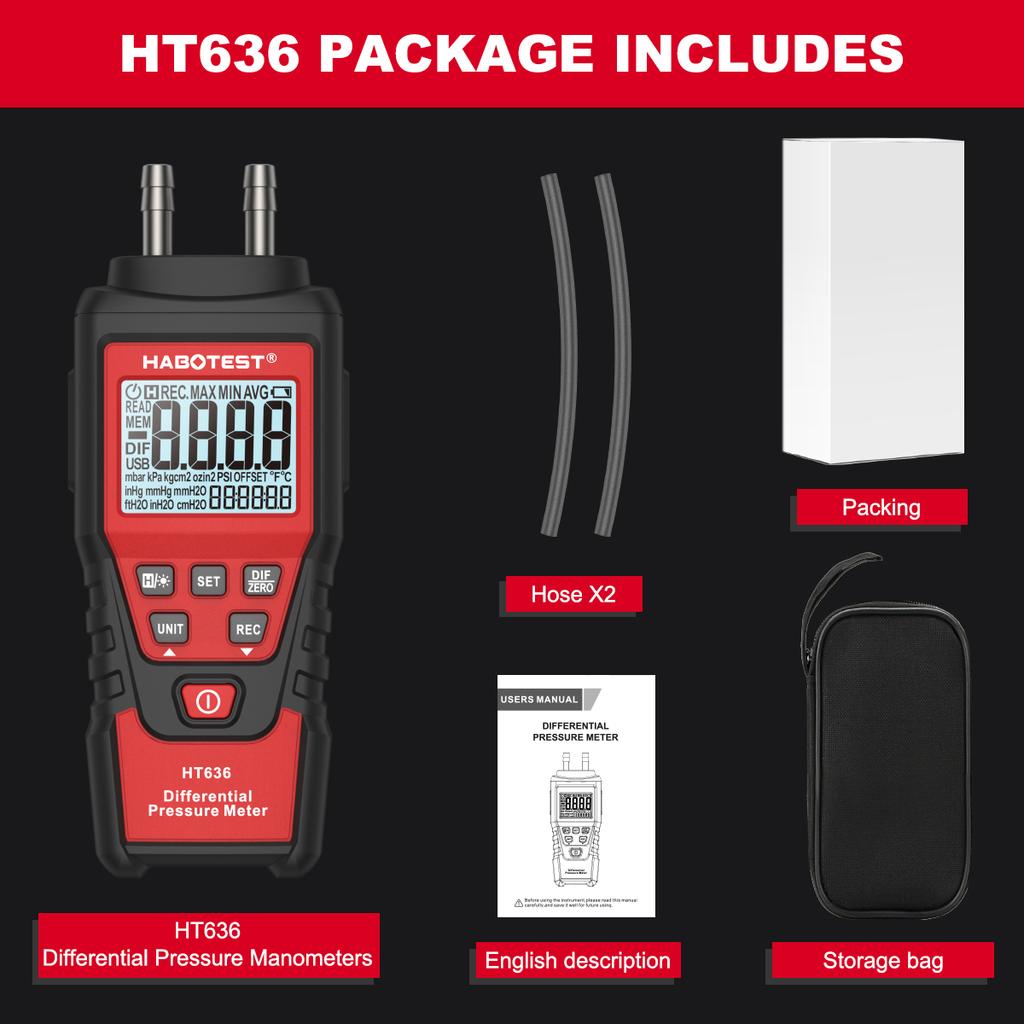 HT636 Digital Manometer Pressure Gauge Meter Handheld Pressure Differential Detector Air Pressure Kit Detector Meter 12 Unit