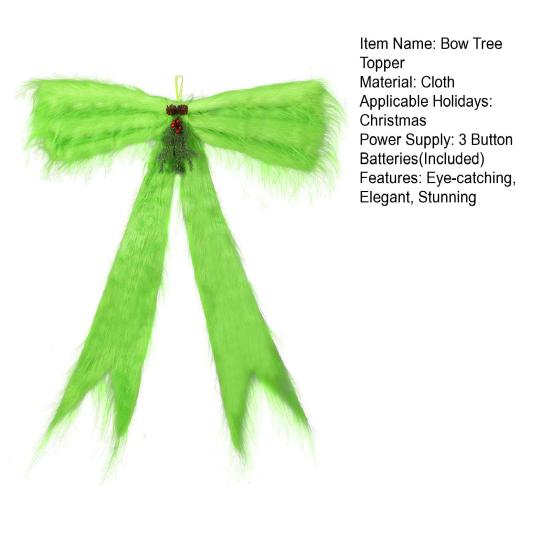 Extra Large Green Christmas Tree Topper Bow with LED Light 47.2" x 23.6" Plush Faux Fur Bow with Pinecones Berries for Front Door Holiday Party Decor