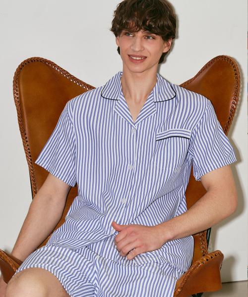 [Pink Zone] Blueberry Stripe Short-Sleeve Collar Two-Piece Pajamas Set [Shipped from Korea] 100% Authentic