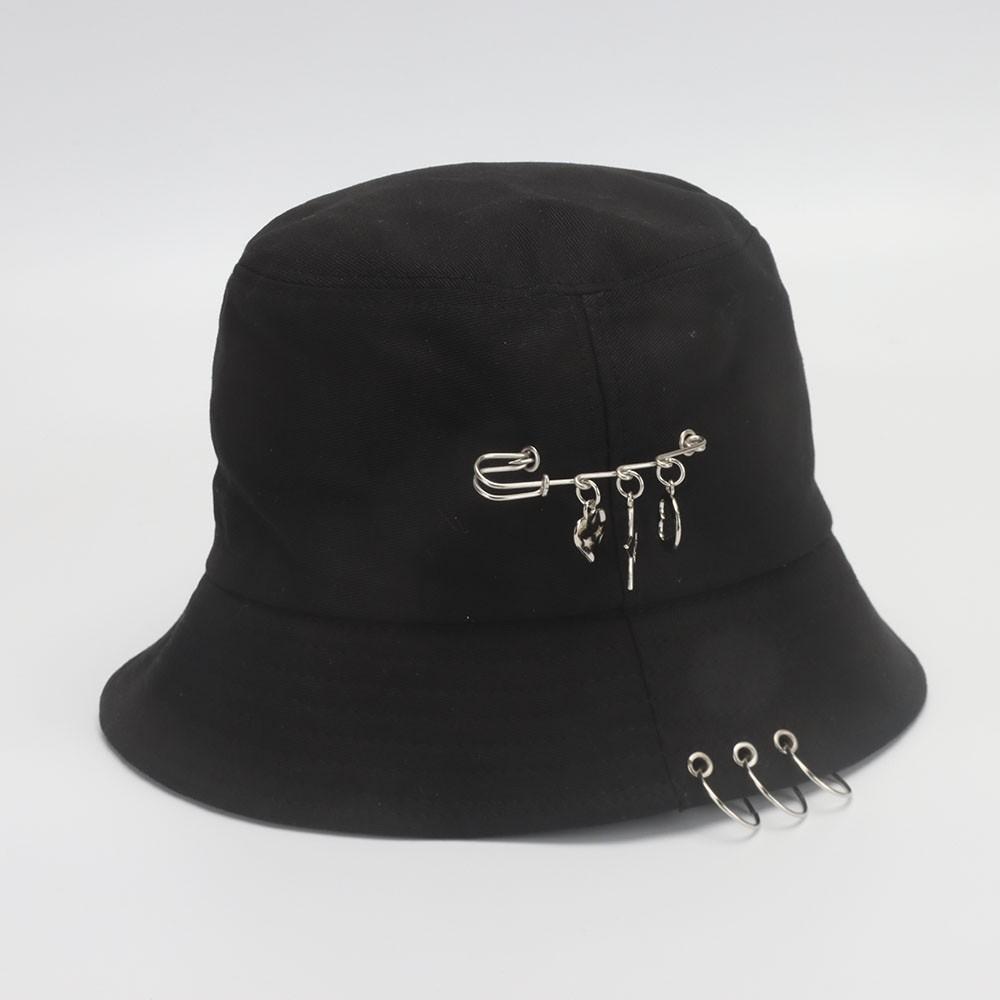 Bucket Hat Women Men Unisex Folding Fisherman Hat Black Metal Ring Flat Top Hip Hop Hats For Women Summer Solid Color Gorro New
