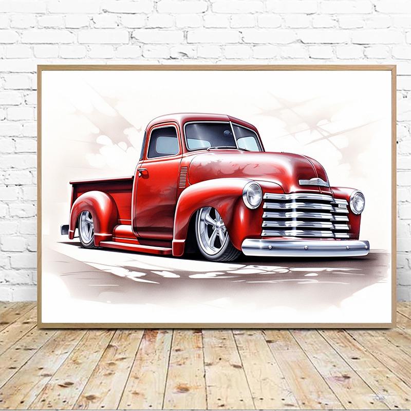 Famous Brand Chevy Vintage Cars Poster Watercolor Canvas Painting Luxurious Wall Art for Man Cave Room Home Decor Car Lover Gift