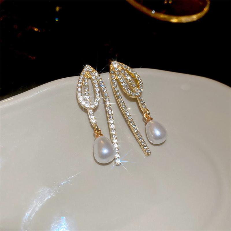Inlaid Crystal Imitation Pearl Waterdrop Tassel Long Personality Geometry Dangle Earrings for Women Korean Fashion Jewelry