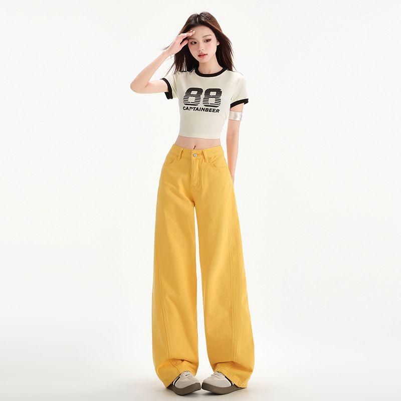 

Yellow Wide Leg Denim Female 2025 Summer New Arrival Loose Slim Looking Drape Easiest for Match Stylish Niche Style Mop Pants Leaf yellow pants 155-165 XL