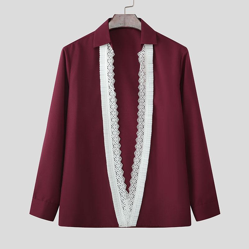 INCERUN Men Deep V Neck Lace Hem Long Sleeve Party Shirts Tops