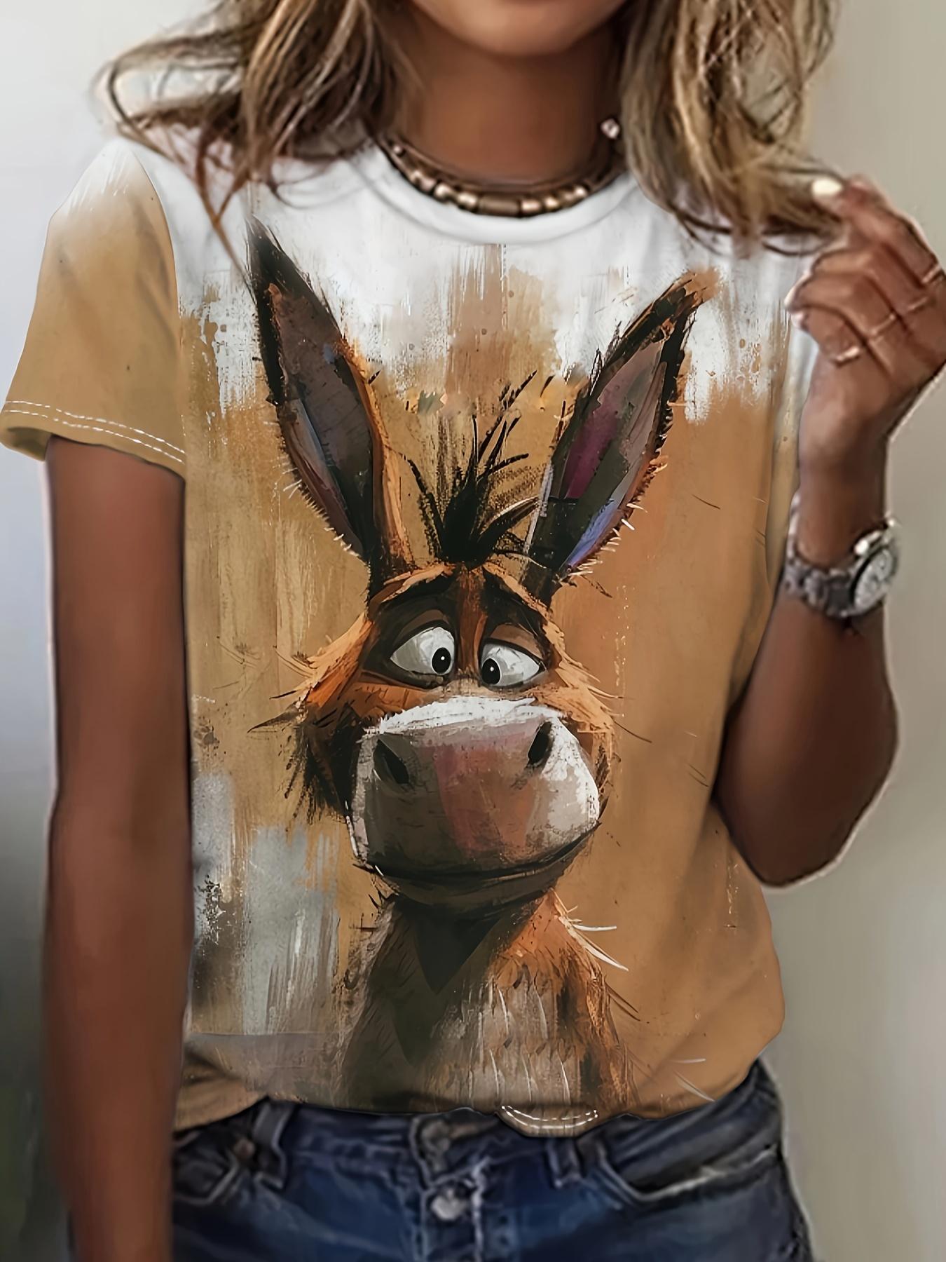 Women s Whimsical Donkey Print T-Shirt - Casual Crew Neck. Short Sleeve. 3D Animal Graphic Tee. Lightweight Polyester Fiber M дубильная кора