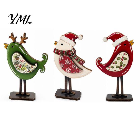 Winter Home Accents Christmas Bird Wooden Figurine with Santa Hat & Scarf, Cute Holiday Desk Ornaments Tabletop Decor, Festive Shelf Ornament