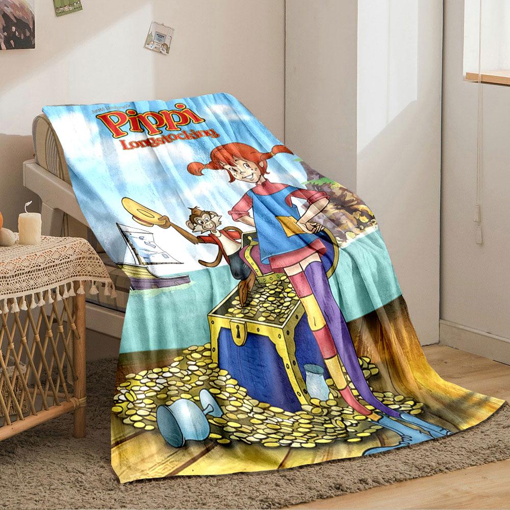 A Cheerful Red-haired Girl with Striped Stockings Stands by Treasure. for All Seasons Blanket Lunch Break Throw Gift